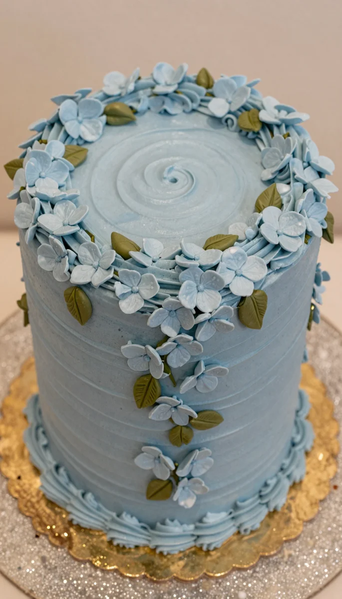 Save this A photorealistic image of a soft medium blue frosted cake featuring piped floral designs, presented on a gold board with a blurred light beige background and a solid minimalist base. on Pinterest
