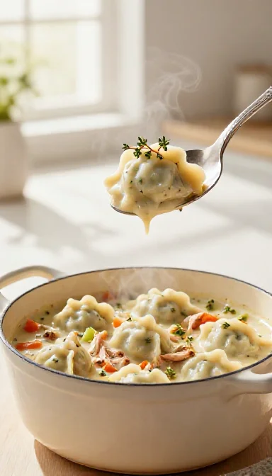 Save this Eye-level shot of a tender dumpling being served from a pot of chicken and dumplings, which is also shown in an overhead view. on Pinterest