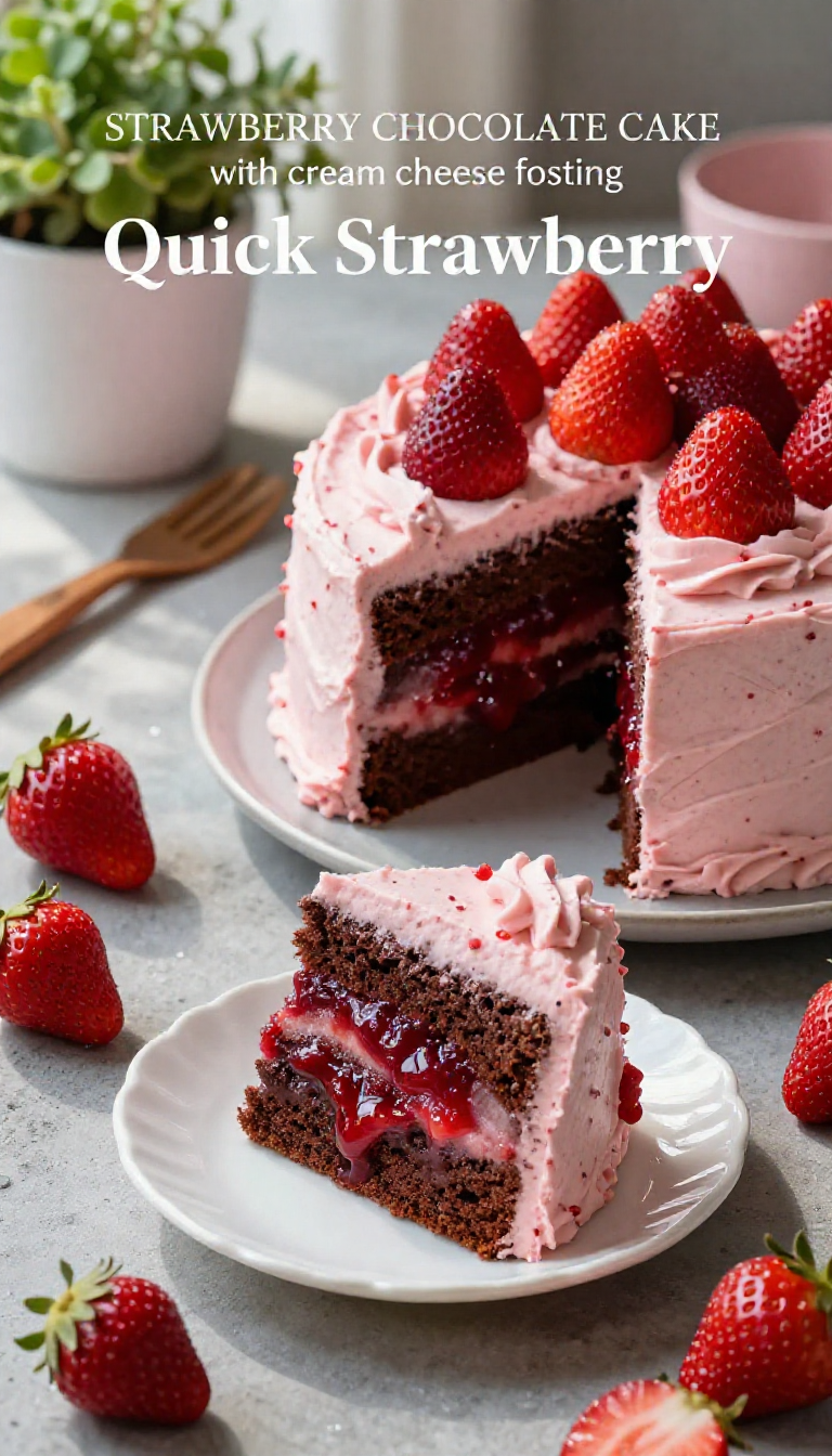 Save this An appetizing dessert scene featuring a decadent strawberry chocolate cake, one piece removed, showcasing its dark chocolate and red fruit layers. The cake is covered in light pink frosting and fresh strawberries, with the words 