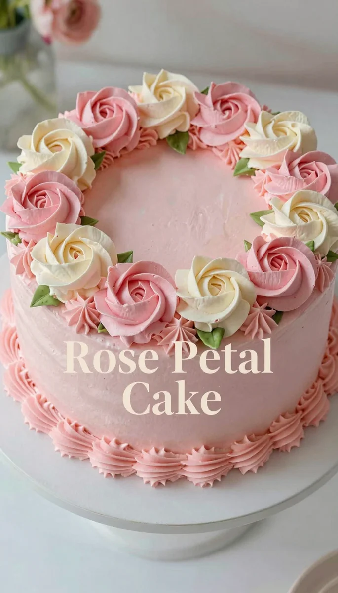 Save this A photorealistic image of an elegant two-tier cake with floral buttercream decorations and a prominent text overlay for 