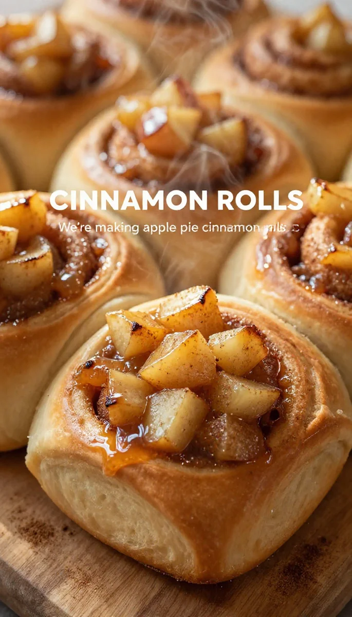 Save this Vertical photo of soft cinnamon rolls generously covered in diced apple filling, lit by natural light. on Pinterest