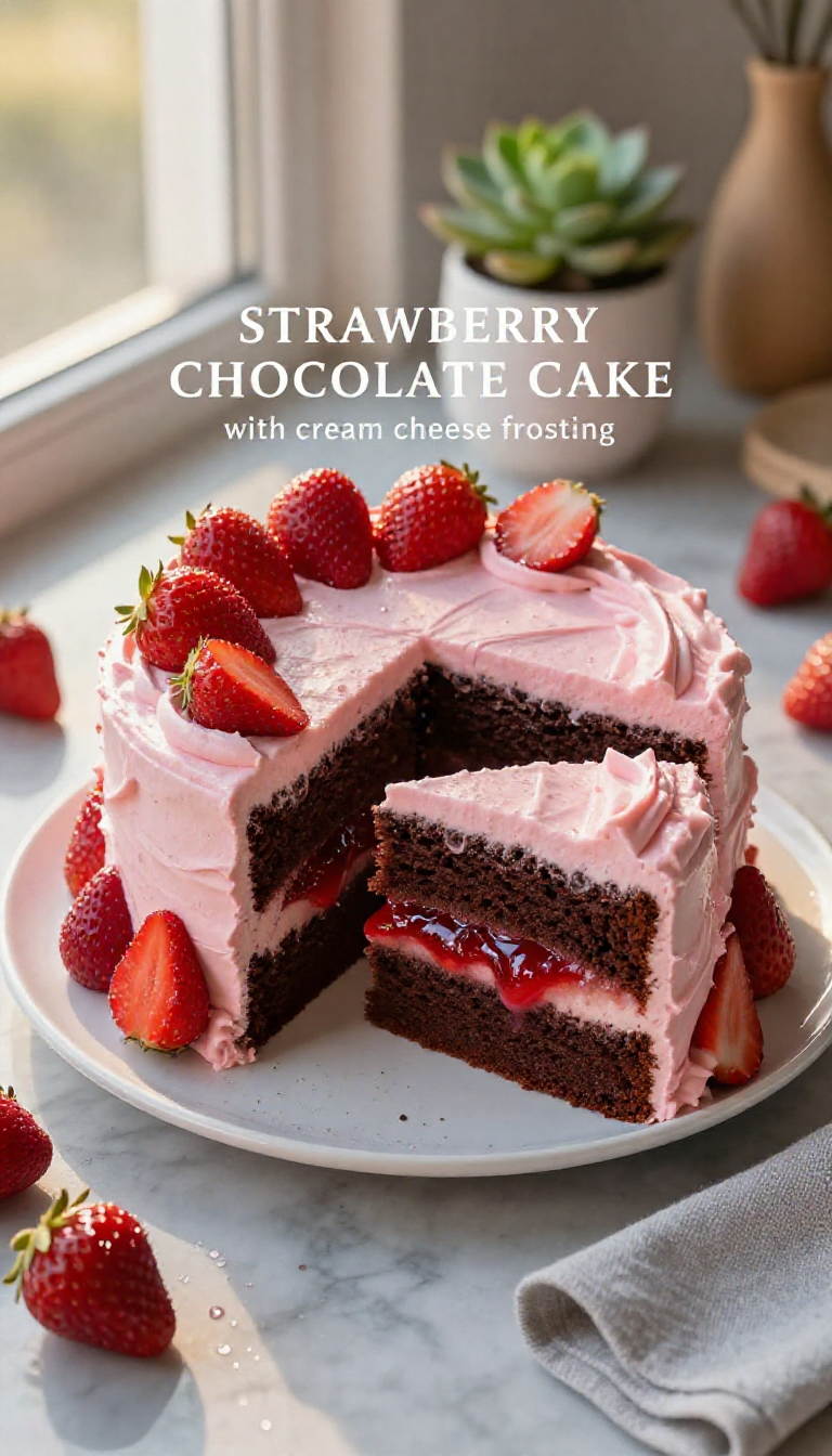 Save this Gourmet strawberry chocolate cake with vibrant pink frosting and strawberry garnish on a marble counter, displaying text: STRAWBERRY CHOCOLATE CAKE with cream cheese frosting. on Pinterest