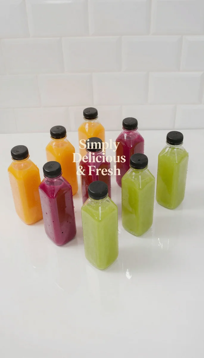 Save this Photorealistic image of colorful bottled detox juices in orange, magenta, and green, professionally arranged on white, with a centered 