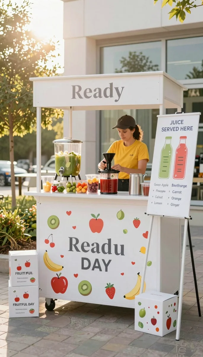Save this An outdoor scene showing a female vendor at a brightly lit juice stand, with green and red juices, branded boxes, and a prominent 
