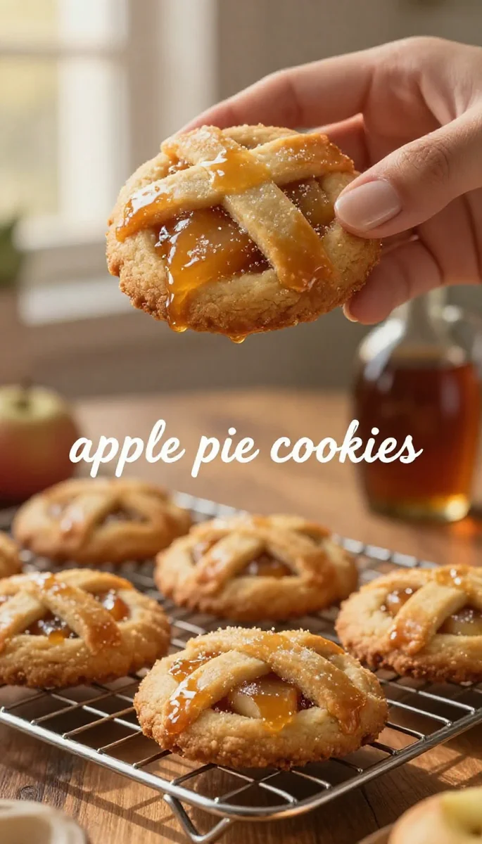 Save this Photorealistic food image of an inviting apple pie cookie featuring a lattice top and glistening glaze, presented with a text banner and cooling cookies. on Pinterest
