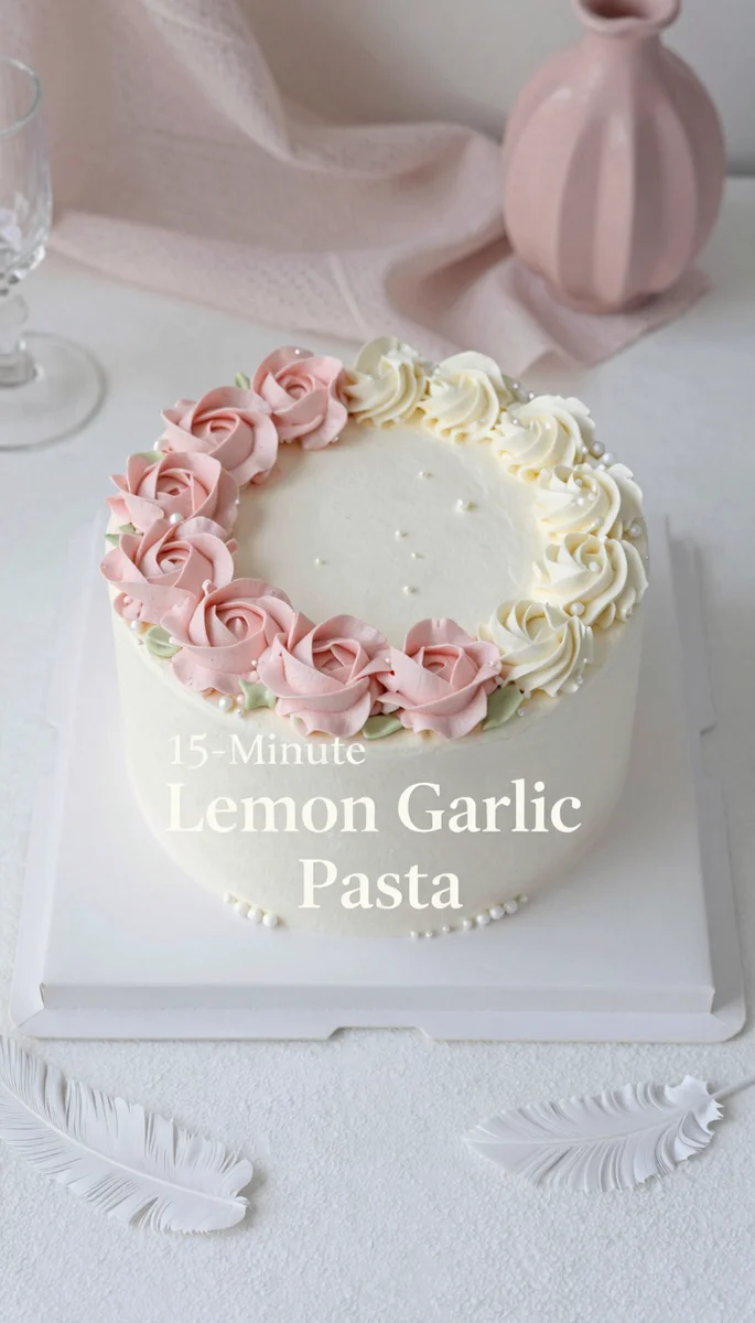 Save this A minimalist white cake with pastel pink and green decorations, set against a blurred pink background, with the words