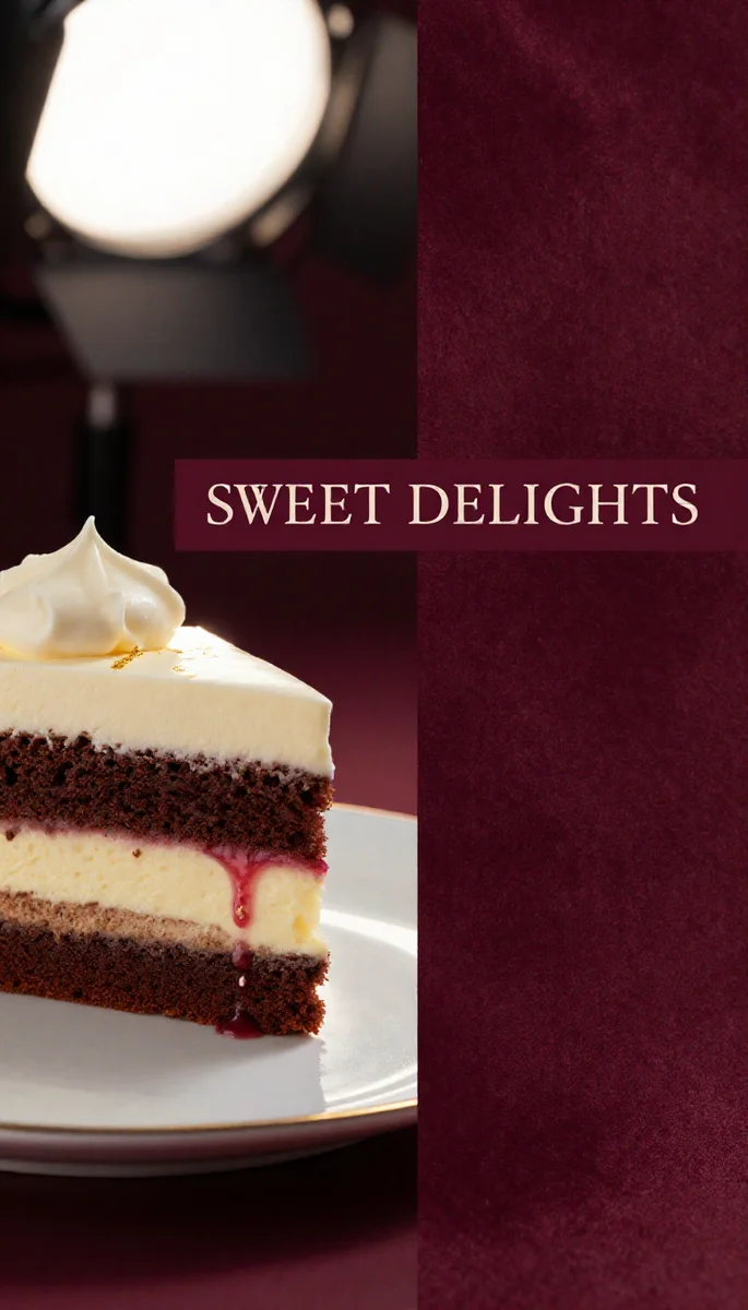 Save this Photorealistic image showing a decadent cake slice on an elegant plate and a deep maroon section featuring a 