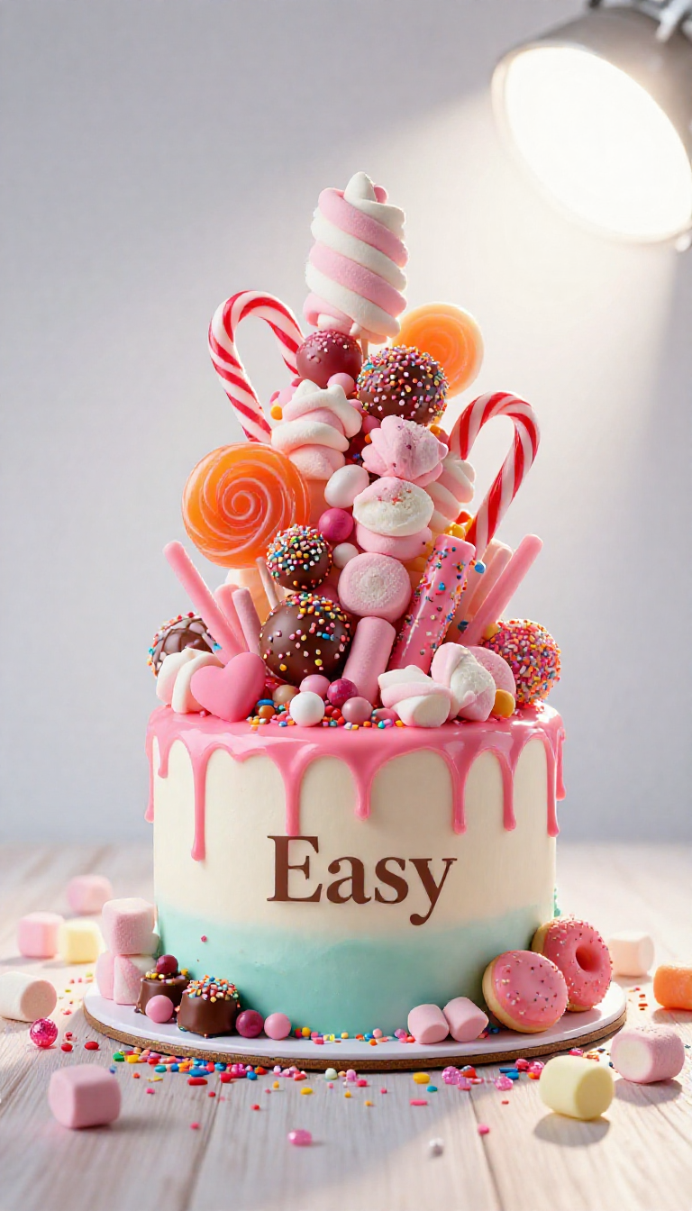 Save this A tall, colorful wedding drip cake decorated with an array of pink and white candies, scattered sprinkles, and an 