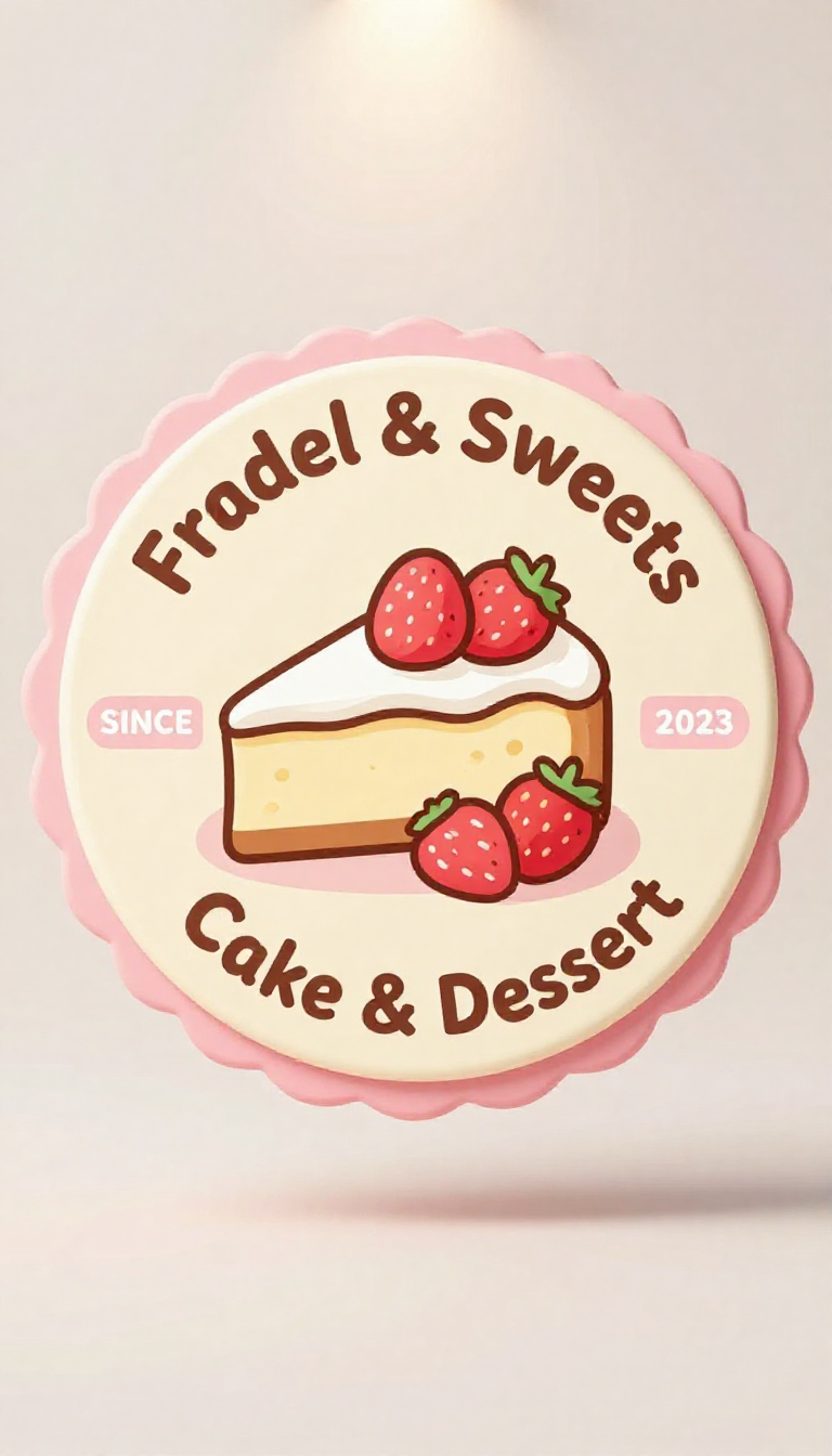 Save this Professional vector logo of a cheesecake slice with strawberries, framed by a pink scalloped border, and overlaid with 
