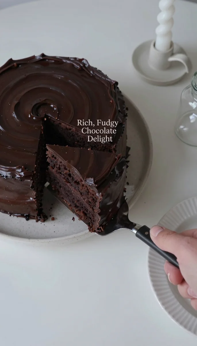 Save this A hand lifts a triangular piece from a rich, dark chocolate cake covered in shiny ganache, text