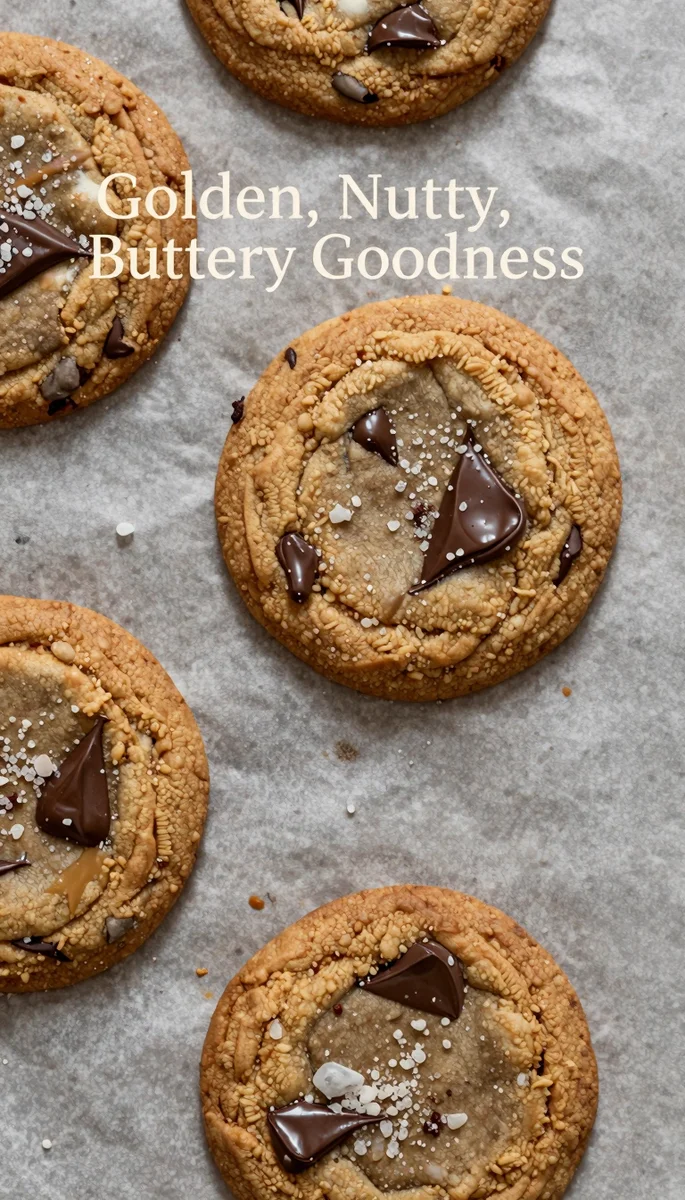 Save this A close-up of multiple crinkled chocolate chip cookies on light grey parchment, topped with sea salt, and a centered text