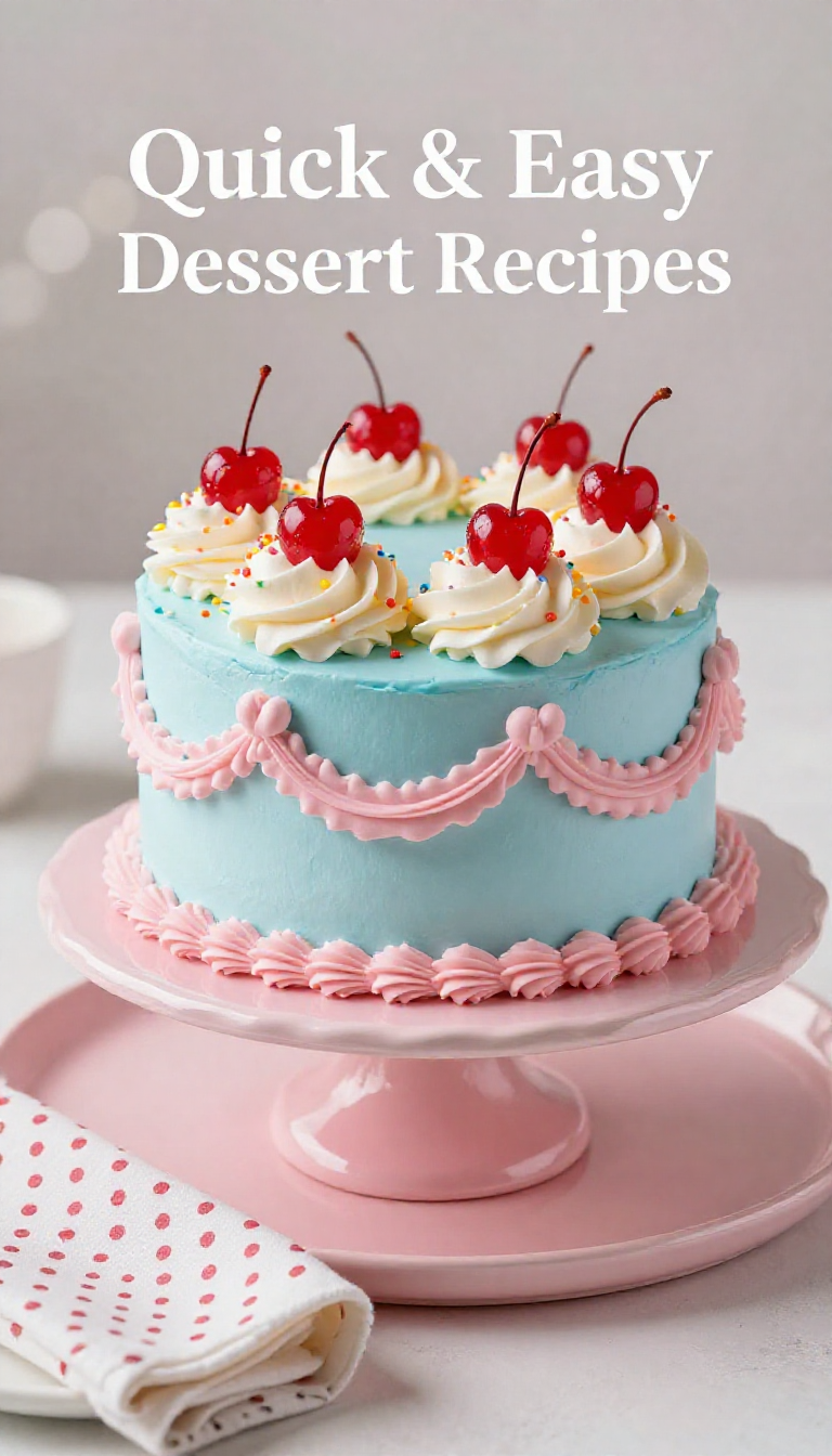 Save this A close-up of a whimsical dessert cake with light blue frosting, pink garlands, white cream, and red cherries, prominently displaying 